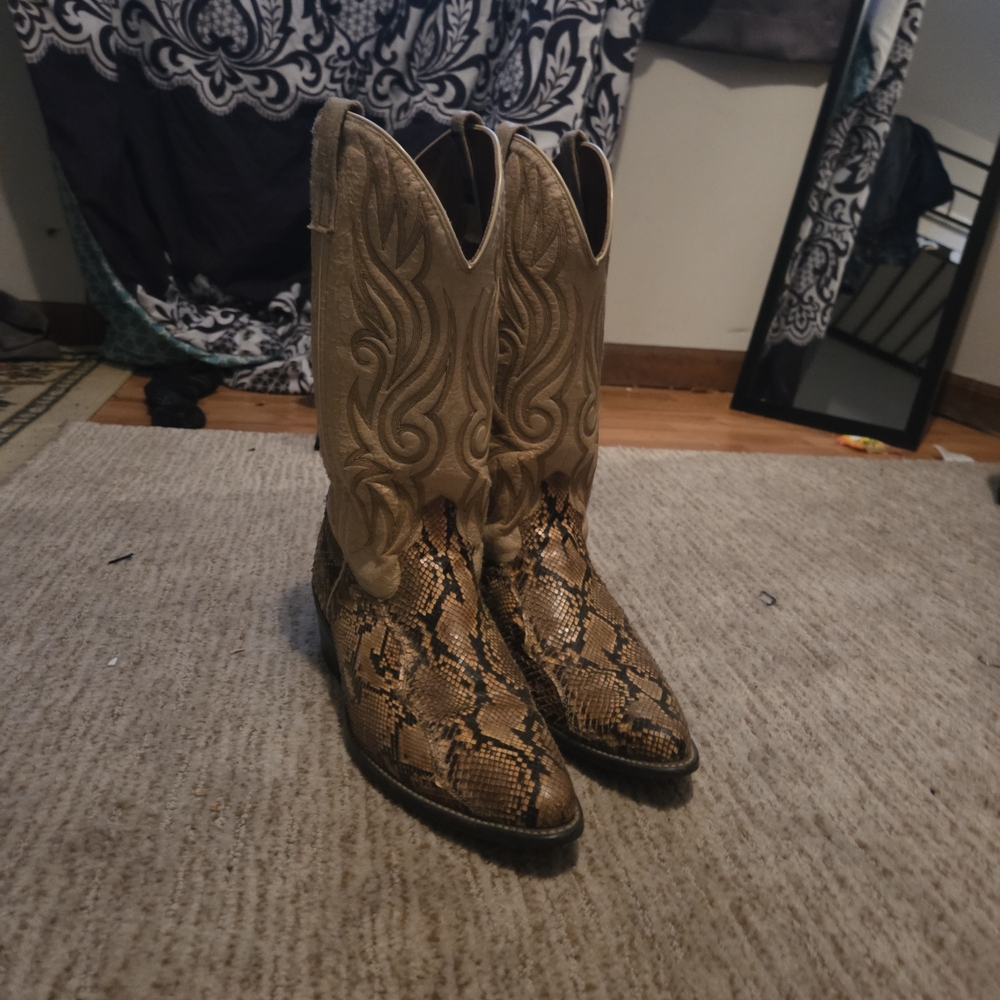 YMC Tan Snake Print Cowboy Boots